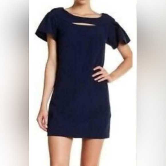 Laundry by Shelli Segal Navy Blue Cutout Flutter Sleeve Shift Dress - Size 2 - Picture 1 of 8
